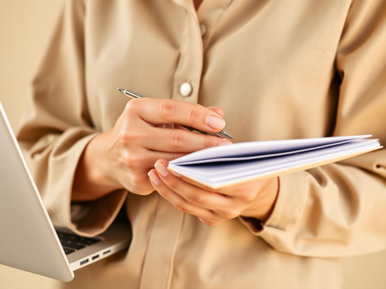 Mulher revisando documentos com calma em ambiente claro
